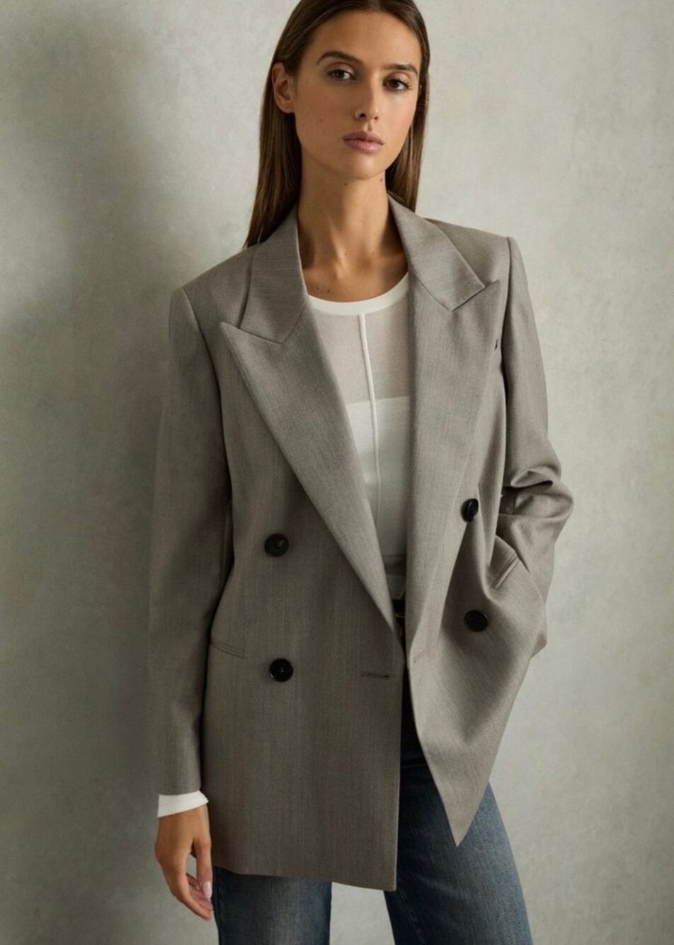 REISS DARLA Wool Oversized Double-breasted Blazer in Grey Size 6 NWT